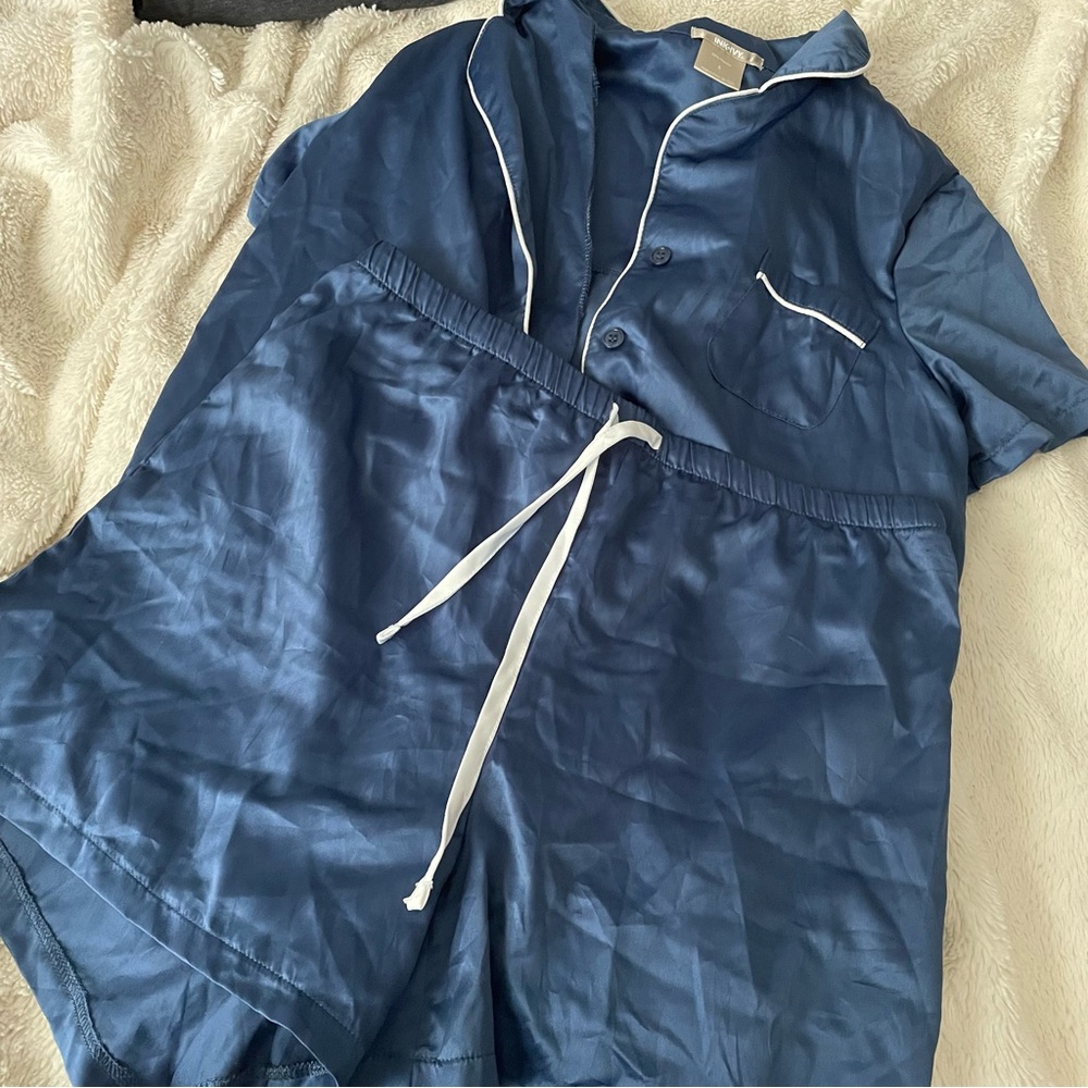 Blue Satin Pajama Set with White Trim